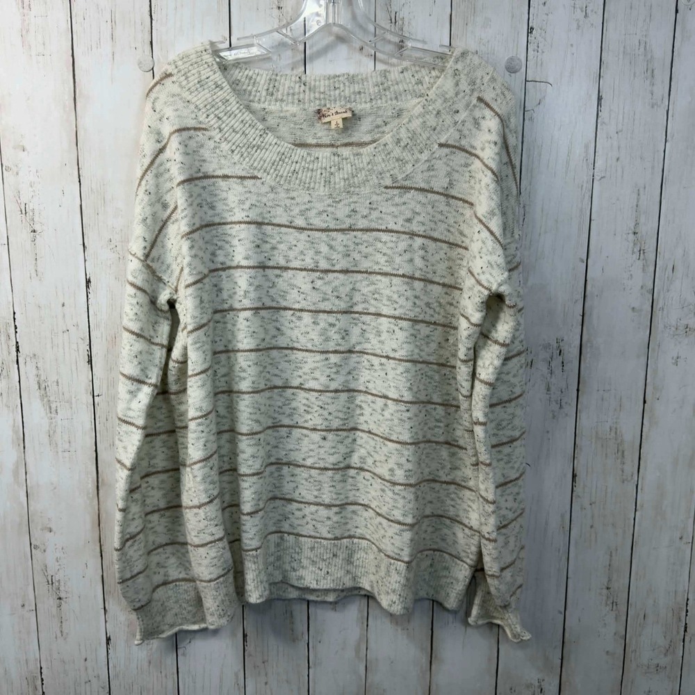Hem‎ & Thread Women's Striped Speckled Oversized Knit Sweater Cream Tan Size L